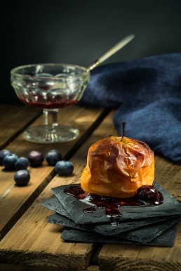 Food Photography Baked Apple with blueberries jam