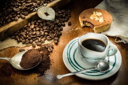 Food Photography coffe in a white cup and cake