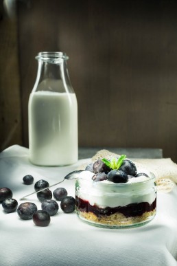 Food Photography with Bueberry Cheesecake and milk